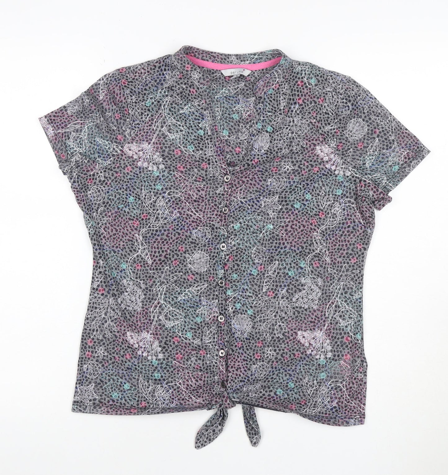 Per Una Women Grey Floral Shell Print Tie Front Button Top UK 12