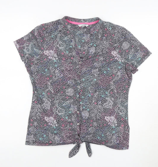 Per Una Women Grey Floral Shell Print Tie Front Button Top UK 12