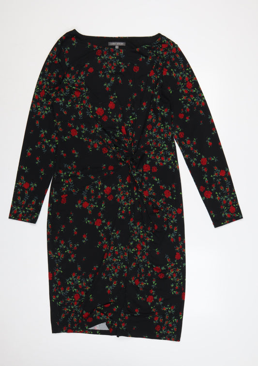 Laura Ashley Women Black Floral Ruched Midi Sheath Dress UK 14