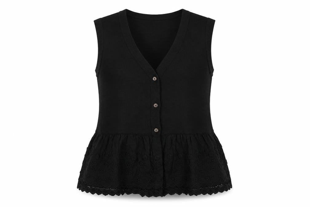 Marks & Spencer Women Black Large Sleeveless V-Neck Lace Tunic Top
