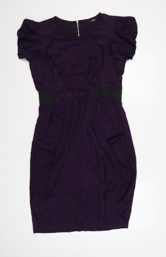 Marks & Spencer Women Purple Lace Bodycon Dress UK 12 Puff Sleeve