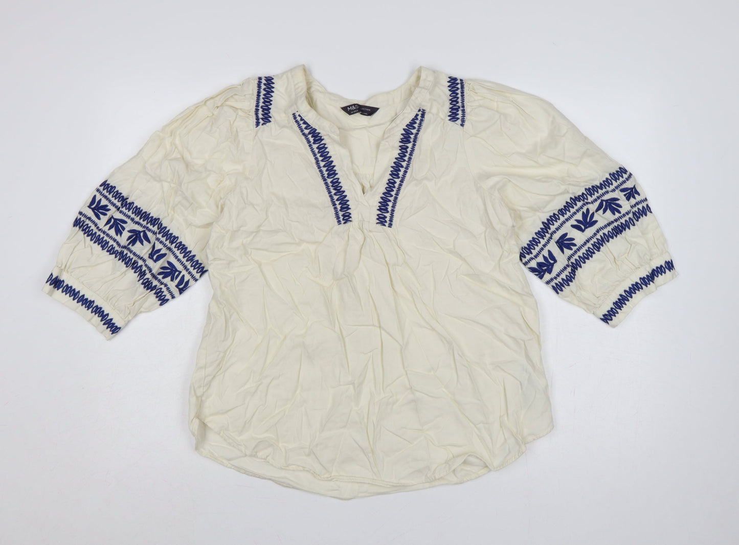 Marks & Spencer Women Ivory UK 14 Boho Embroidered Cotton Tunic Blouse