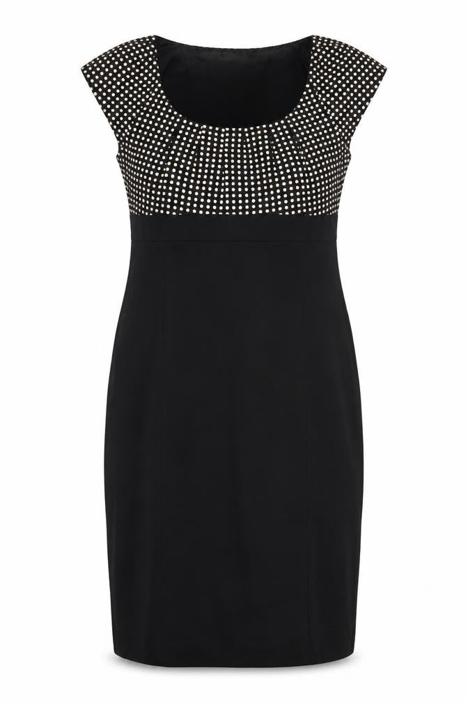 Front view of Linea Women’s Black Polka Dot Jacquard Sheath Dress UK 12