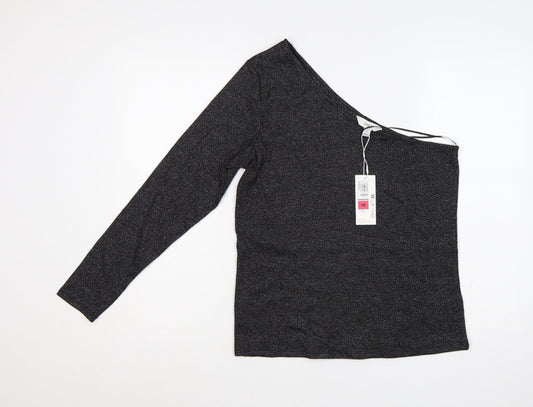 M&S Women Black Glitter One Shoulder Long Sleeve Knit Top UK 18