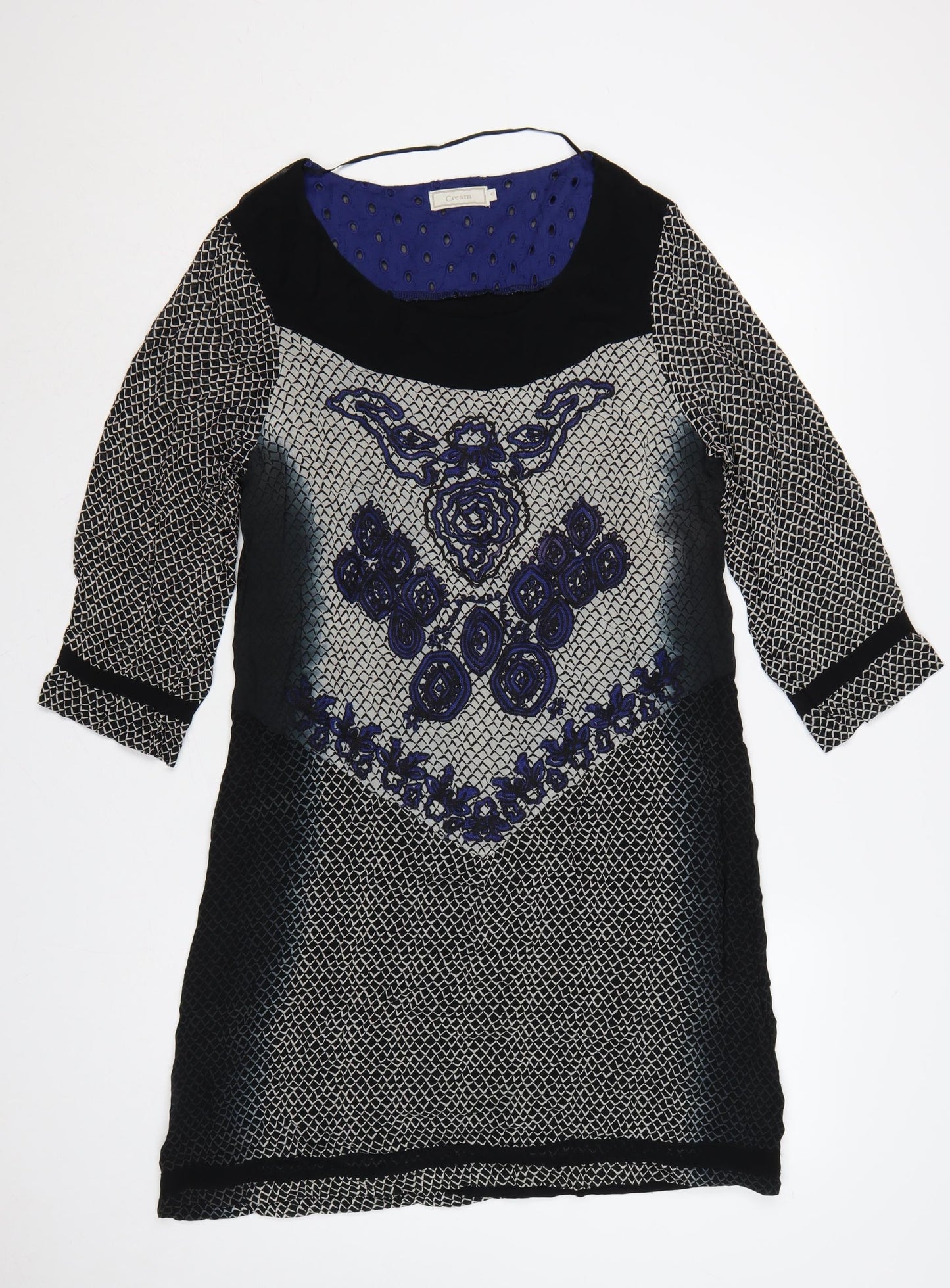 Cream Women Black Blue Embroidered Shift Dress UK 12 3/4 Sleeve