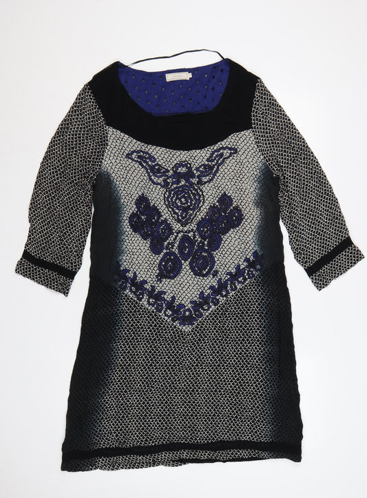 Cream Women Black Blue Embroidered Shift Dress UK 12 3/4 Sleeve