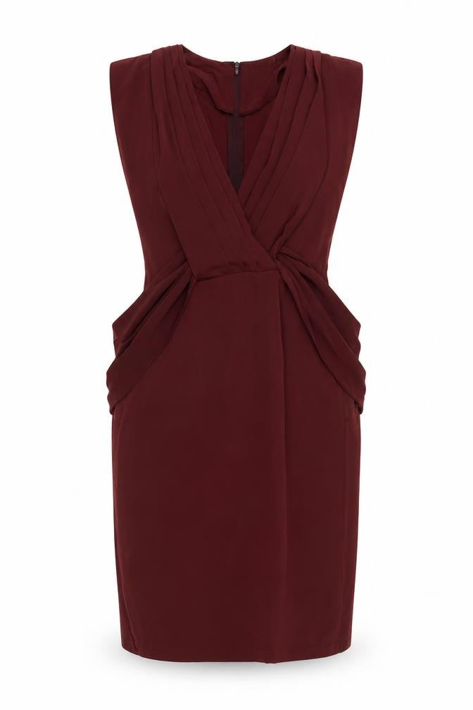 Front view of ASOS Women Red UK 12 Sleeveless Pencil Dress V-Neck Pleated Party