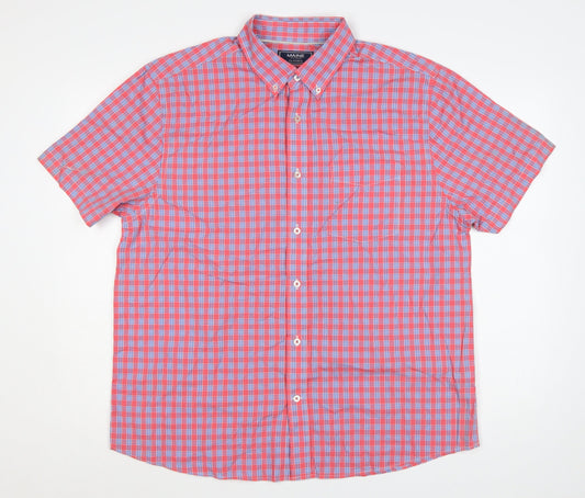 Maine Men’s Pink Blue Check Cotton Button-Down Short Sleeve Shirt L