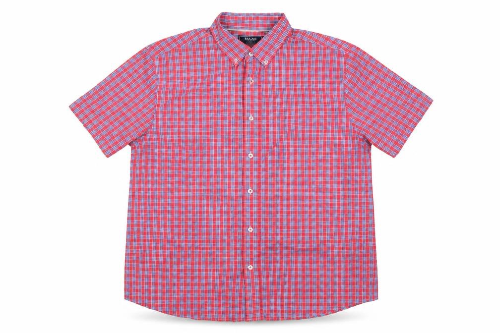 Front view of Maine New England Men’s Pink Blue Check Cotton Button-Down Short Sleeve Shirt L