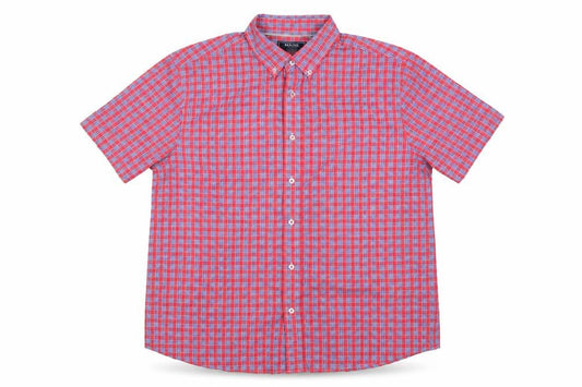 Maine New England Men’s Pink Blue Check Cotton Button-Down Short Sleeve Shirt L