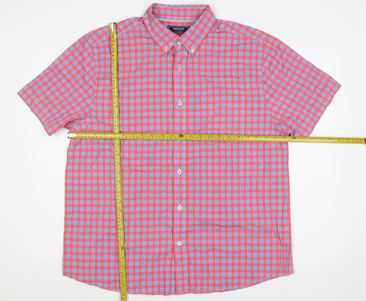 Maine Men’s Pink Blue Check Cotton Button-Down Short Sleeve Shirt L