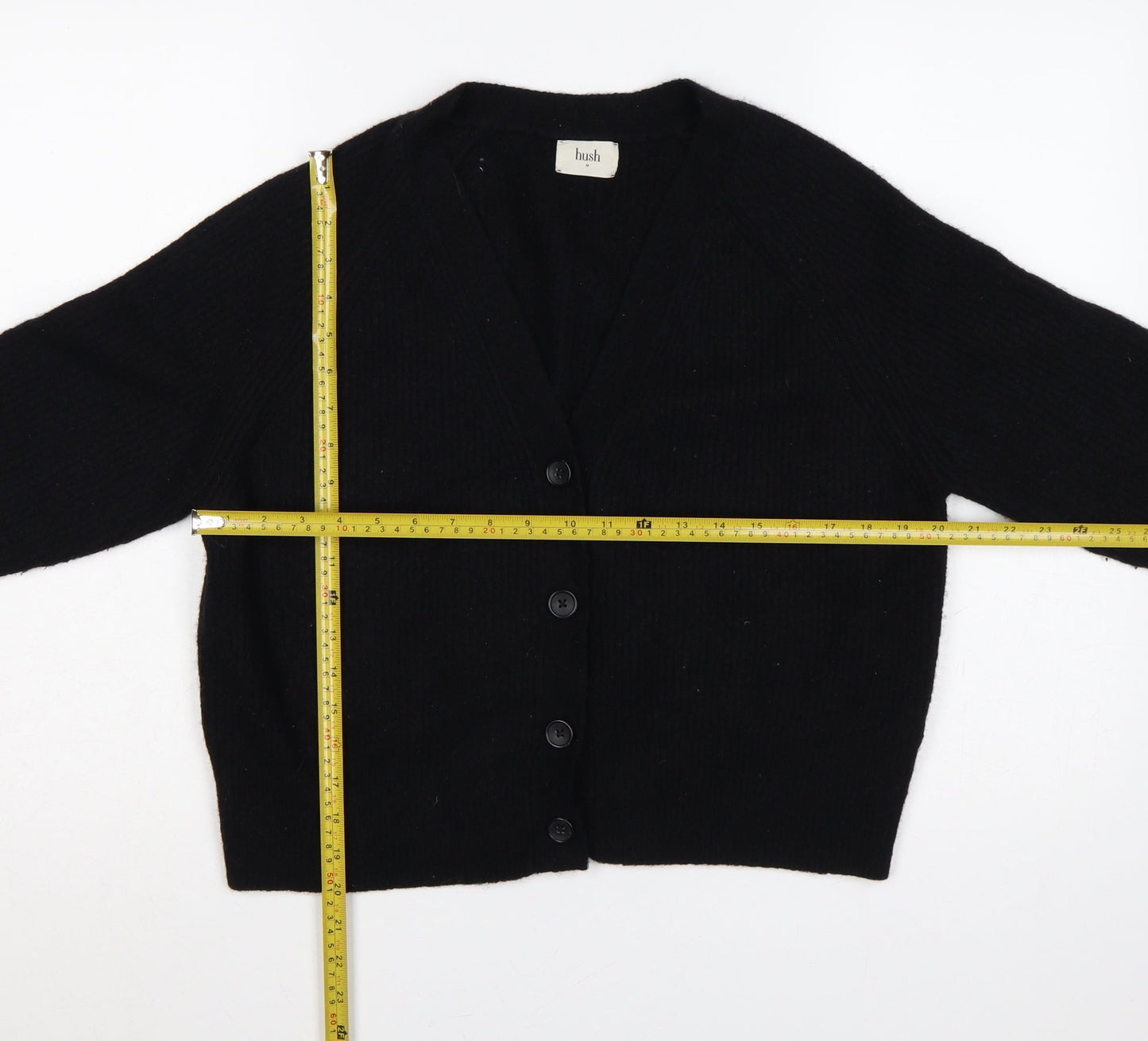 Hush Women Black M Wool Blend V-Neck Button Cardigan Raglan Knit