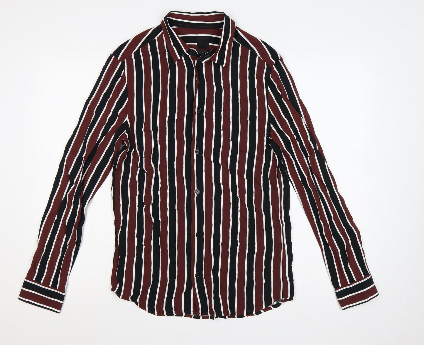 H&M Men’s Burgundy Black White Striped Slim Fit Shirt Size S