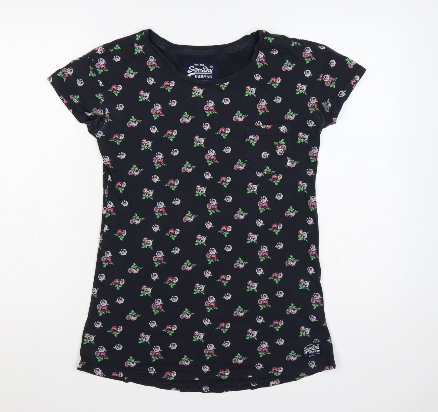 Superdry Women Black S Floral Rose Slim Fit Cotton T-Shirt