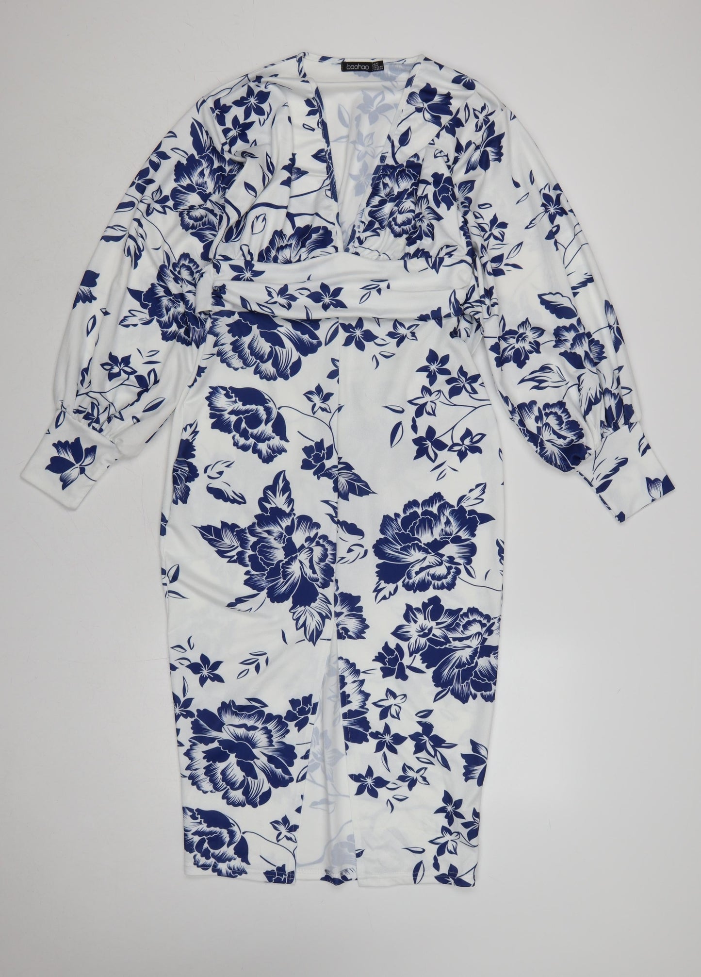 Boohoo Women White Blue Floral Wrap Dress UK 12 Long Sleeve