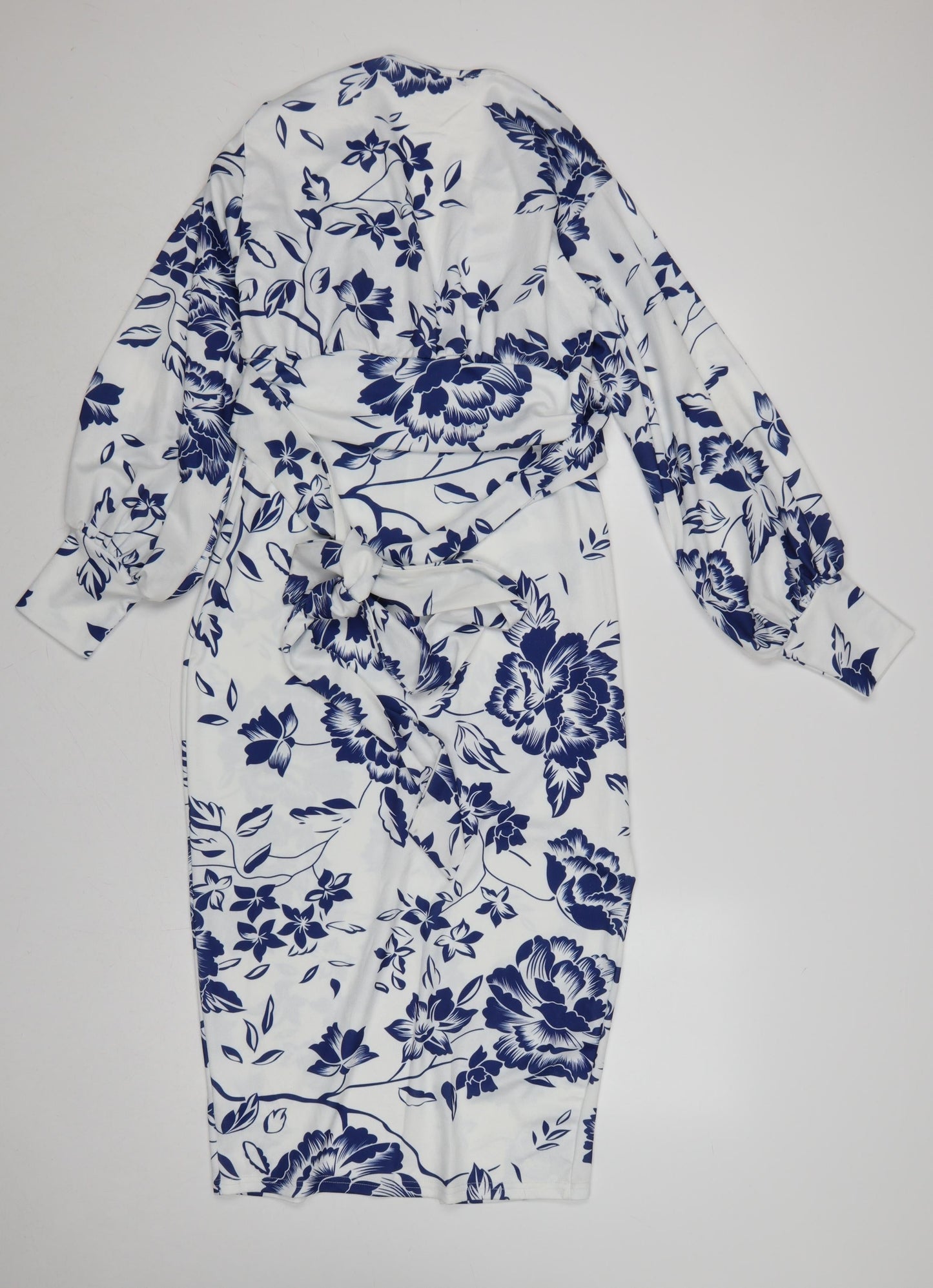 Boohoo Women White Blue Floral Wrap Dress UK 12 Long Sleeve