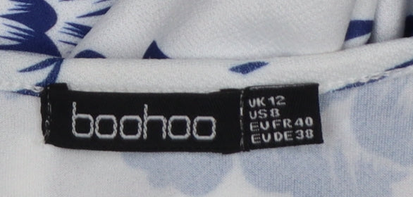 Boohoo Women White Blue Floral Wrap Dress UK 12 Long Sleeve