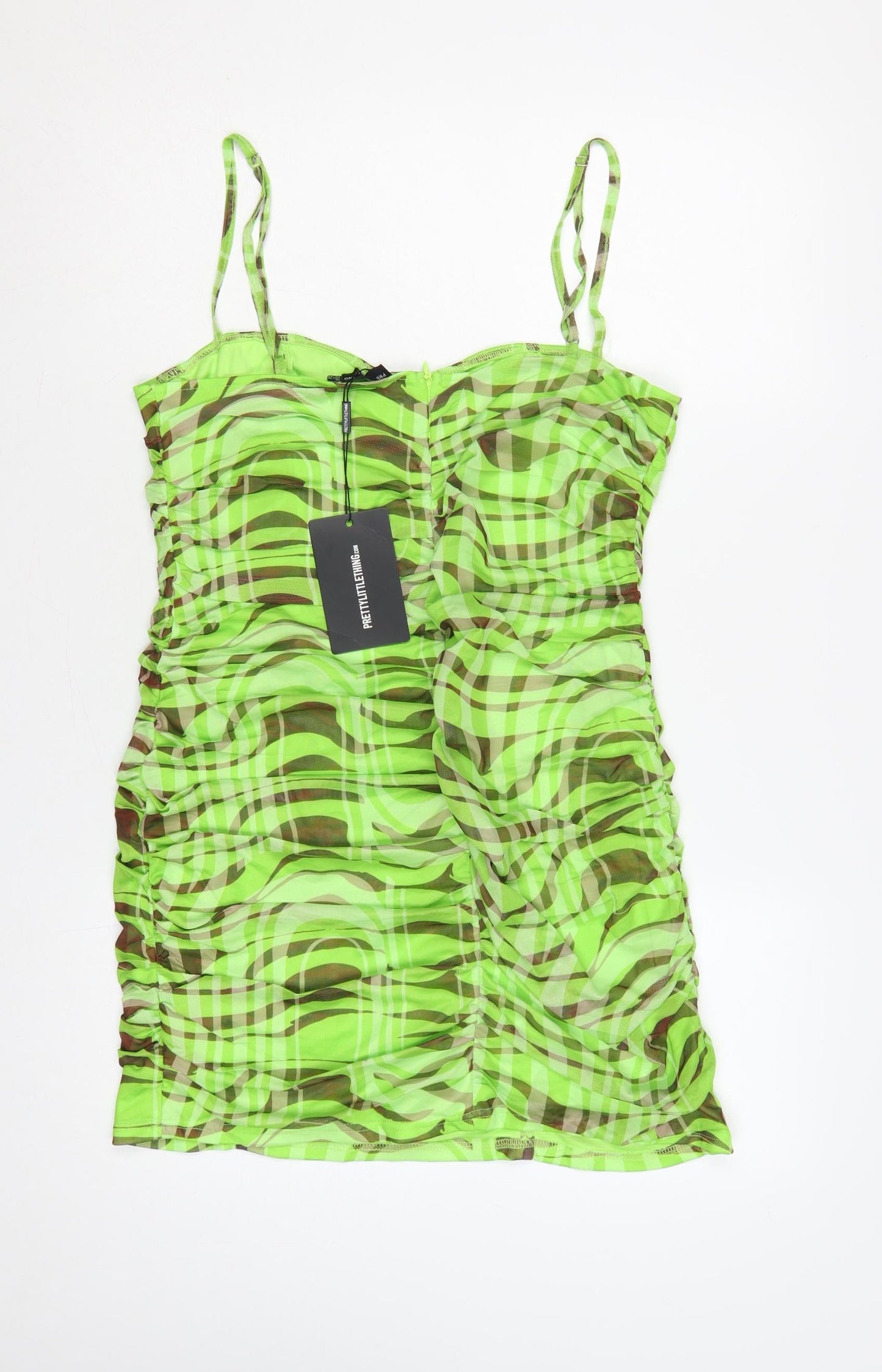 PrettyLittleThing Women Green Zebra Mesh Ruched Bodycon Mini Dress UK 16