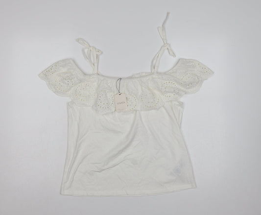 Oasis Women White M Cotton Broderie Anglaise Ruffle Tie Strap Camisole Top