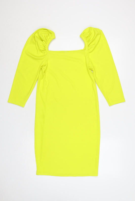 River Island Women Yellow UK 14 Bodycon Ribbed Square Neck Dress