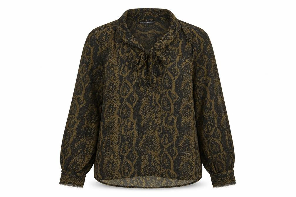 Front view of French Connection Women’s Green Snake Print Tie Neck Chiffon Blouse UK 10