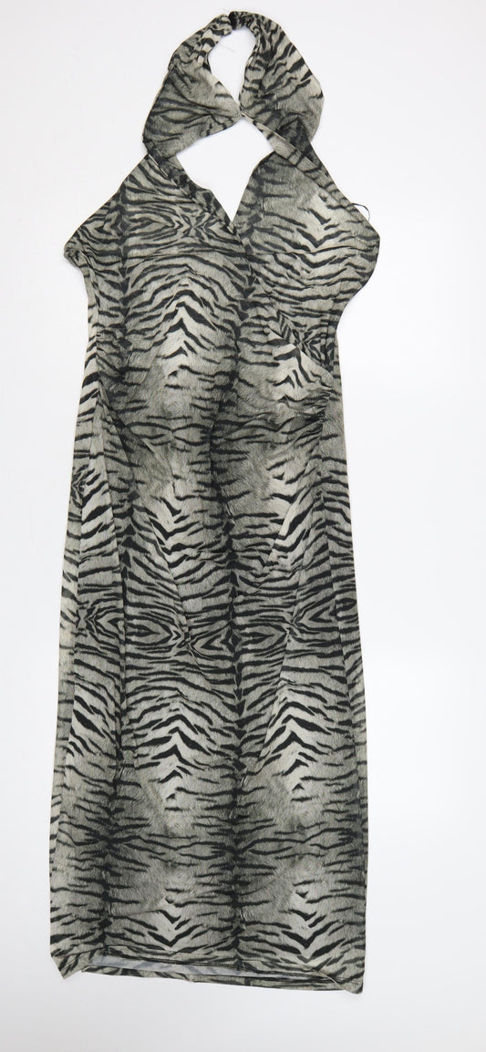 Zara Women Grey Animal Print Halter Maxi Sheath Dress Size L