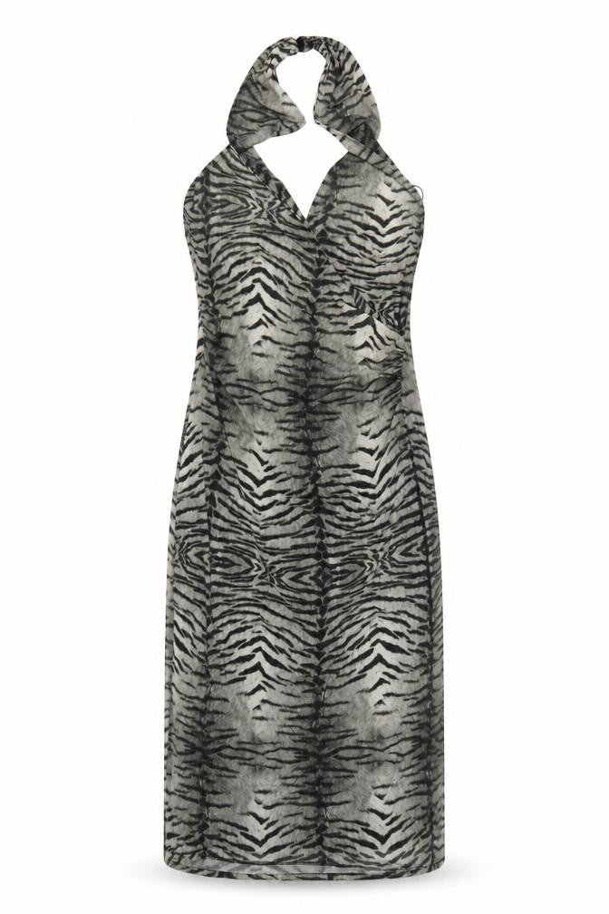 Zara Women Grey Animal Print Halter Maxi Sheath Dress Size L
