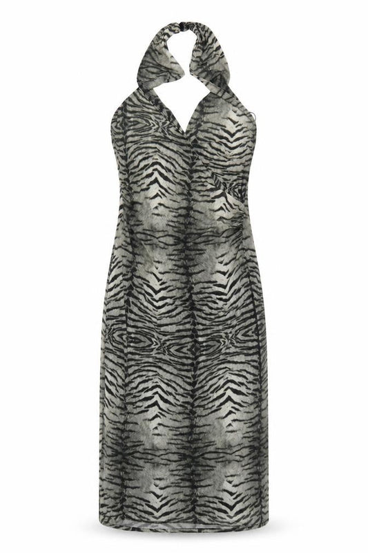 Zara Women Grey Animal Print Halter Maxi Sheath Dress Size L
