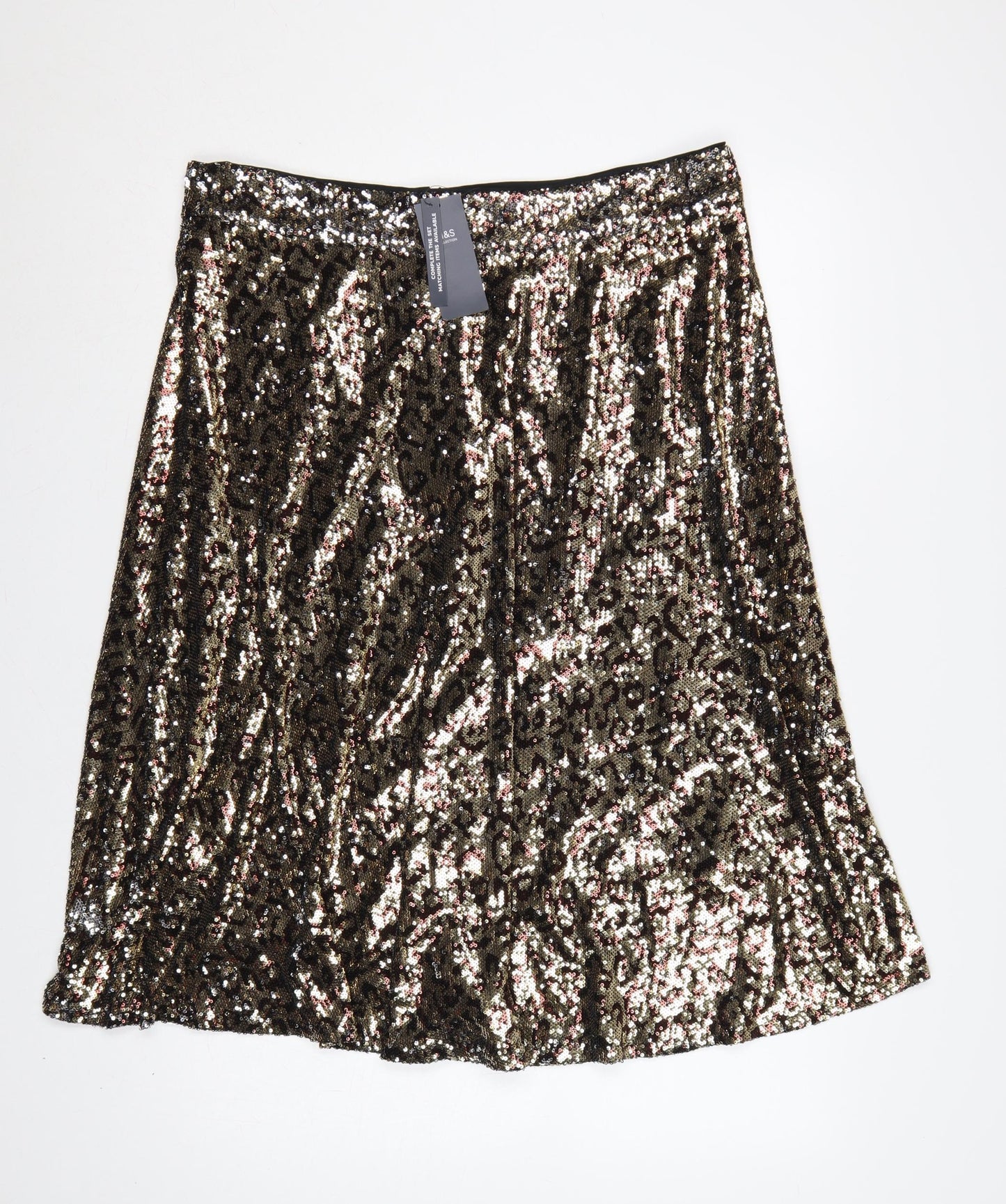 M&S Women Gold Sequin Leopard Print A-Line Midi Skirt Size 18