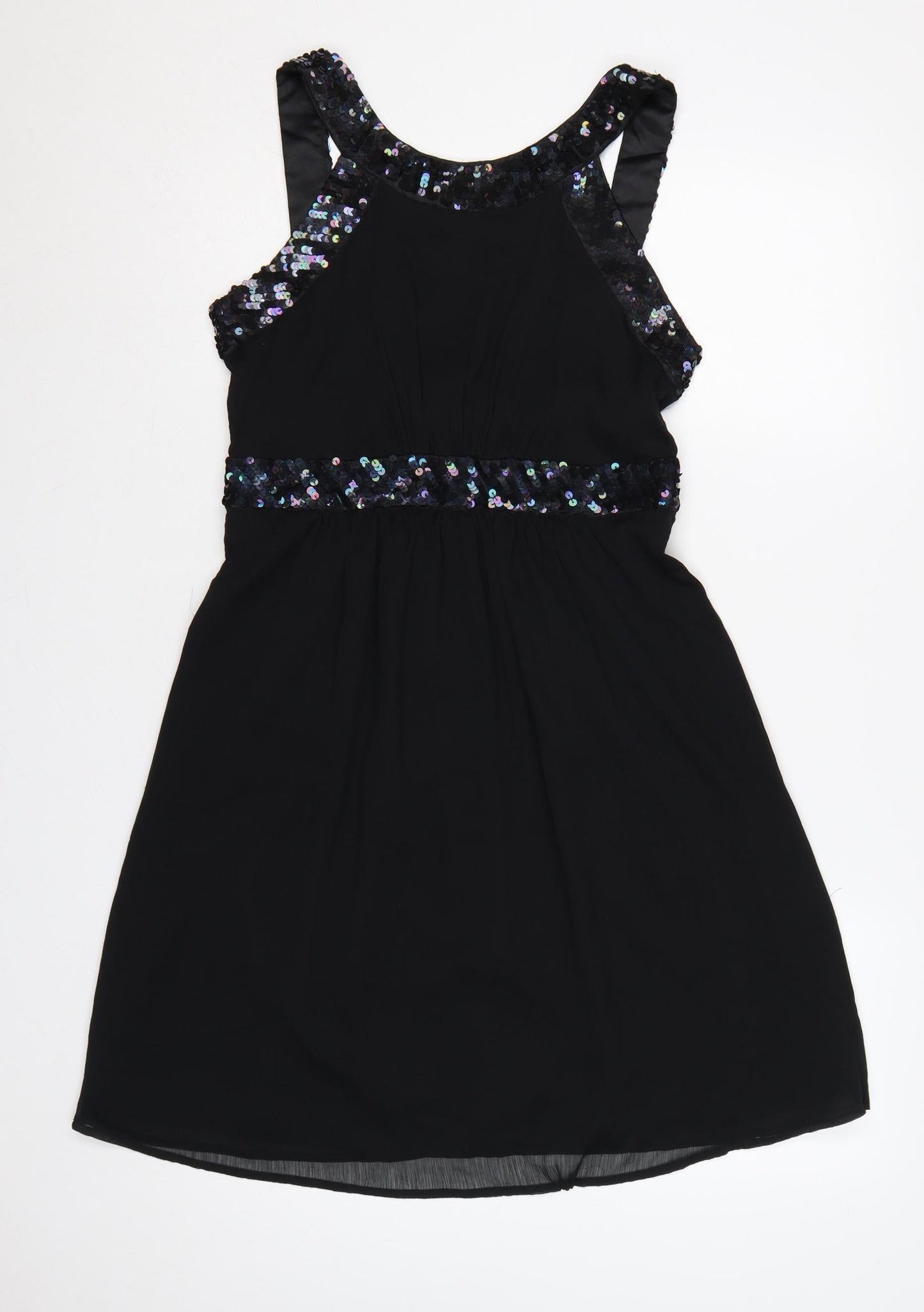 Monsoon Fusion Women Black UK 12 Long Sequin Chiffon A-Line Party Dress