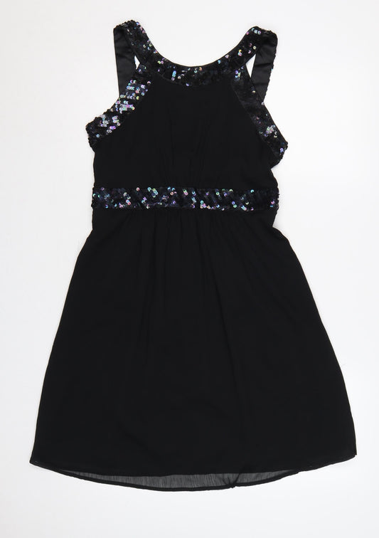 Monsoon Fusion Women Black UK 12 Long Sequin Chiffon A-Line Party Dress