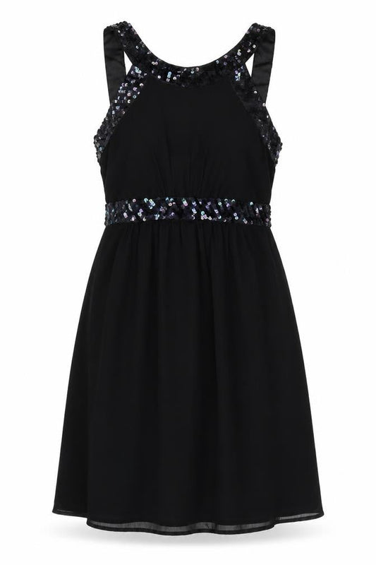 Monsoon Fusion Women Black UK 12 Long Sequin Chiffon A-Line Party Dress