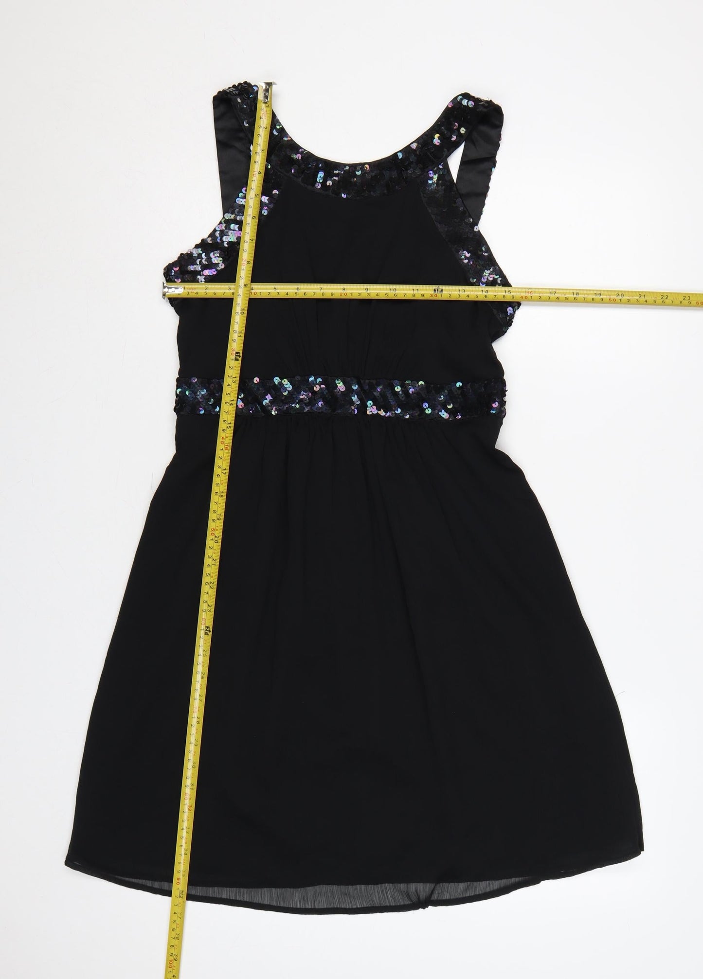 Monsoon Fusion Women Black UK 12 Long Sequin Chiffon A-Line Party Dress