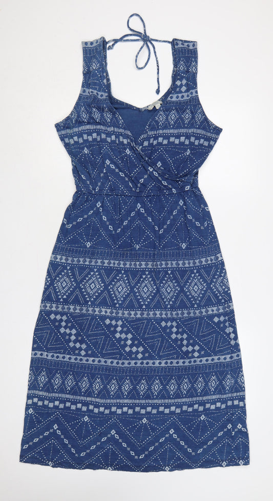 Fat Face Women Blue UK 12 Geometric Cotton Fit & Flare Long Dress