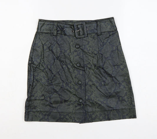 Topshop Women Green Snake Print Faux Leather Mini Pencil Skirt UK 6