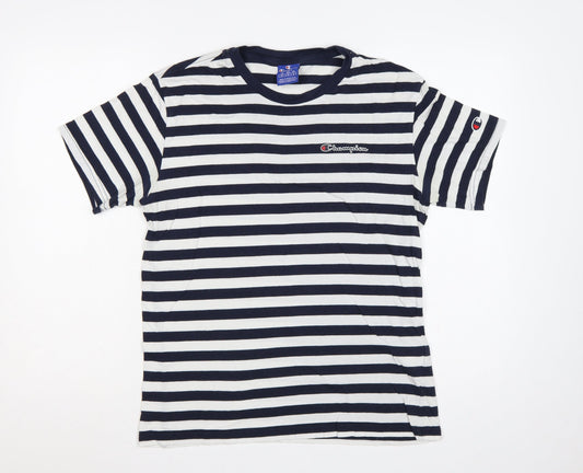 Champion Men's Navy White Striped Small Crew Neck Logo T-Shirt