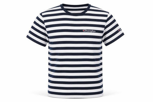 Champion Men's Navy White Striped Small Crew Neck Logo T-Shirt
