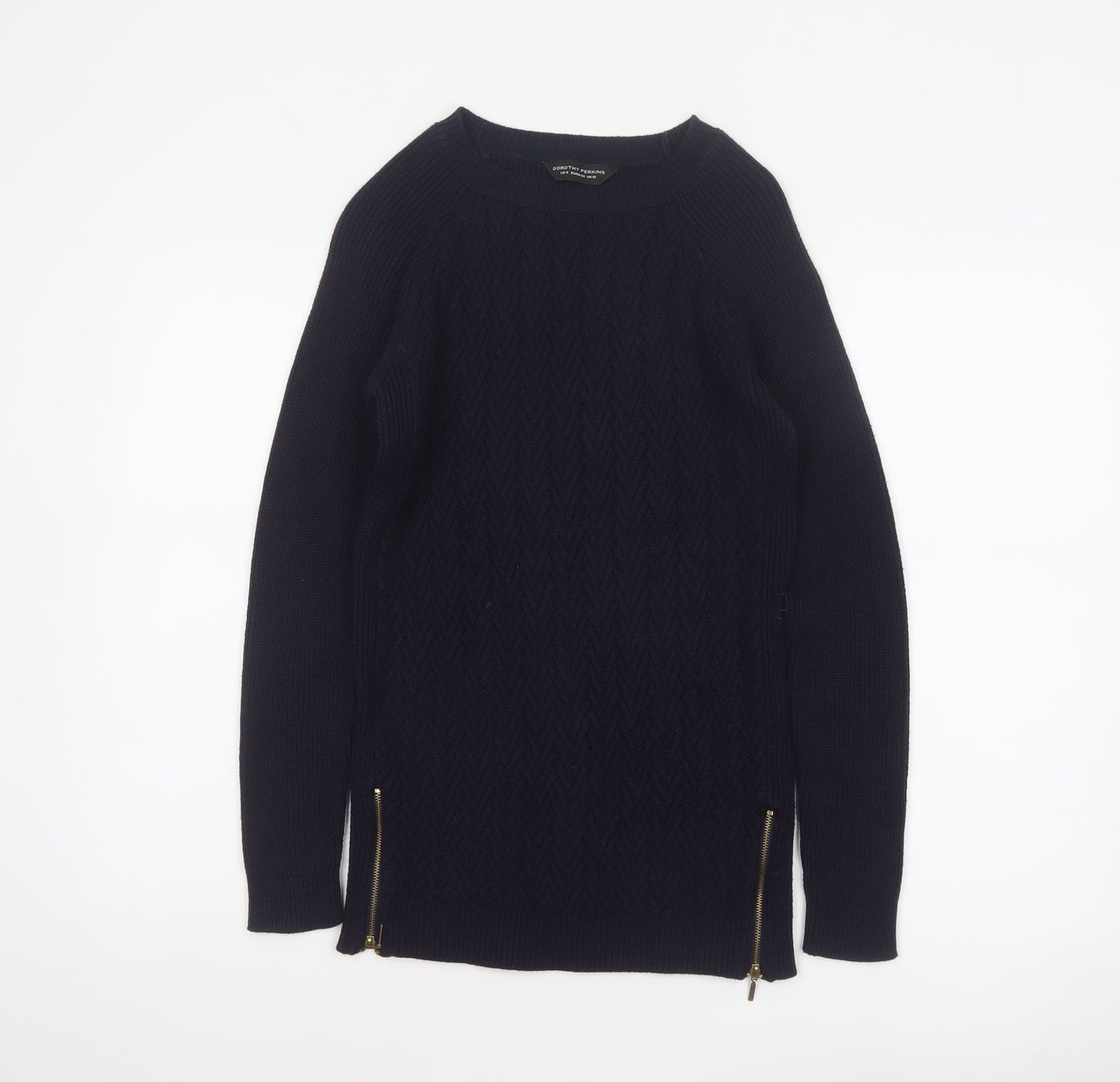 Dorothy Perkins Women Navy UK 12 Cable Knit Tunic Jumper Zip