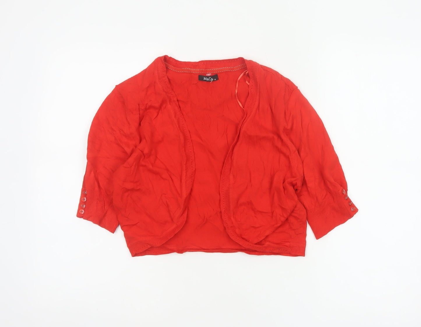 M&Co Women Red M Open 3/4 Sleeve Cotton Knit Cardigan