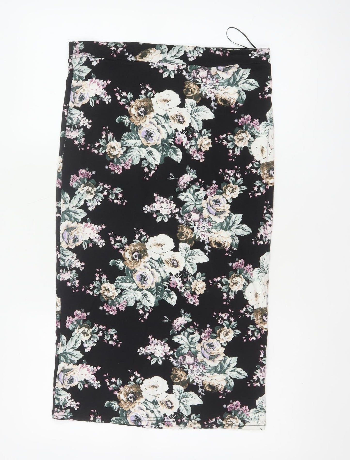 New Look Women Black Floral UK 12 Midi Pencil Stretch Skirt