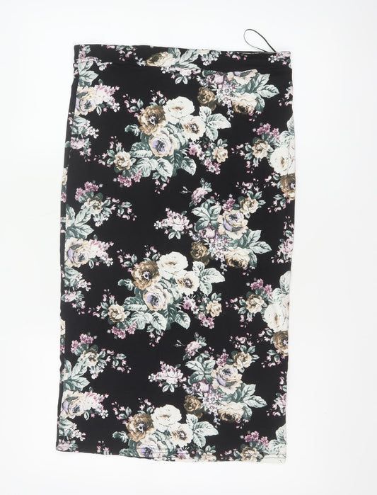 New Look Women Black Floral UK 12 Midi Pencil Stretch Skirt