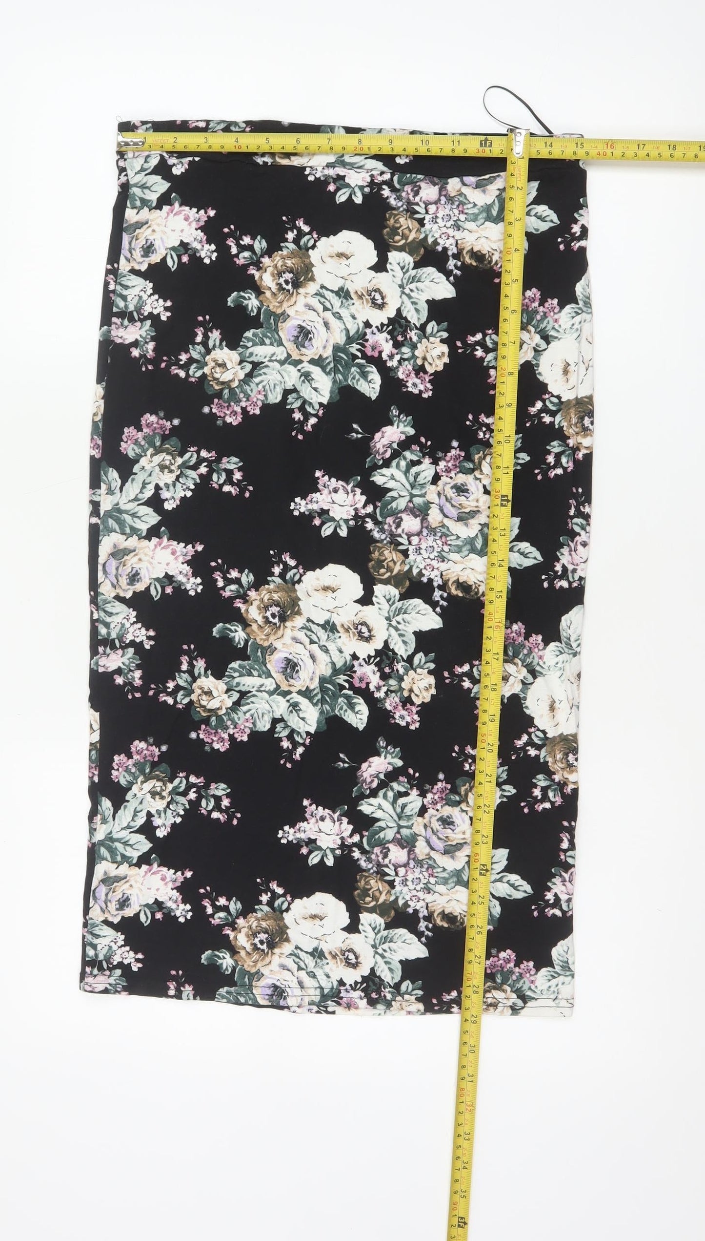 New Look Women Black Floral UK 12 Midi Pencil Stretch Skirt