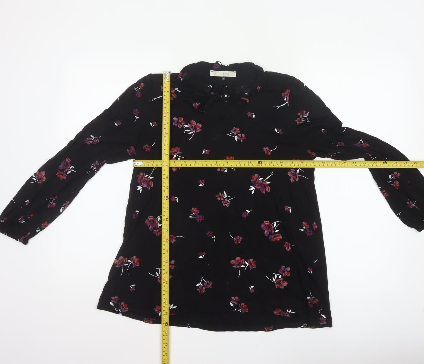 Maison de Nimes Women Black Floral Long Sleeve Tie Neck Blouse Size S