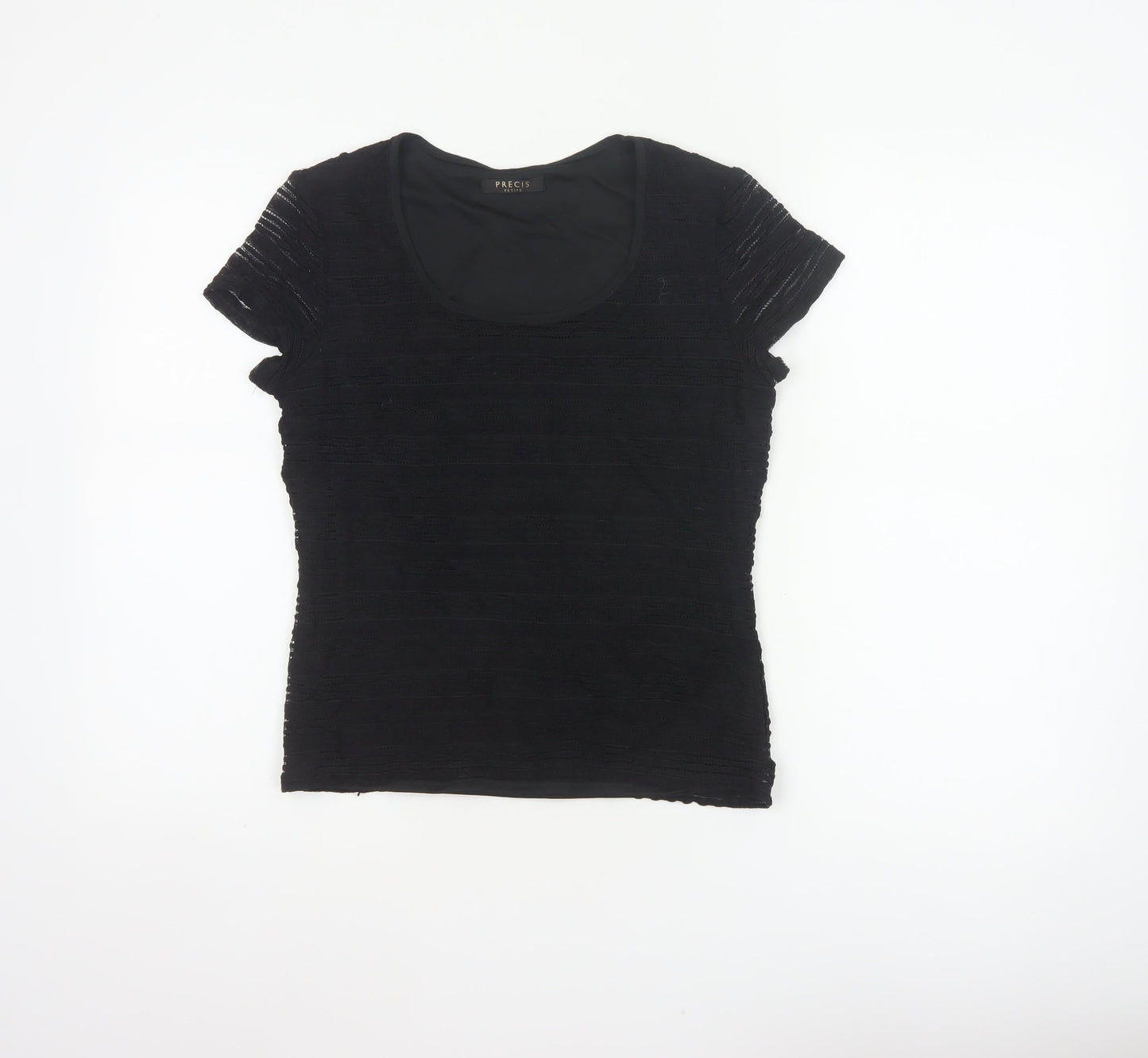 Precis Petite Women Black S Fitted Sheer Knit Scoop Neck Top
