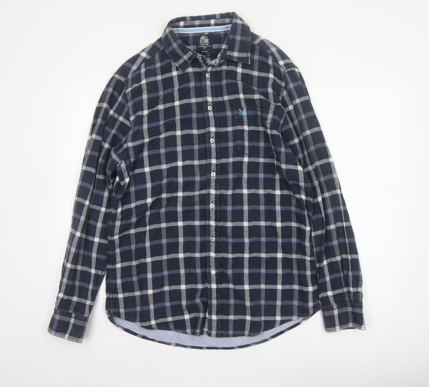Crew Clothing Co Men’s Blue Plaid Cotton Button-Down Shirt Large Slim Fit