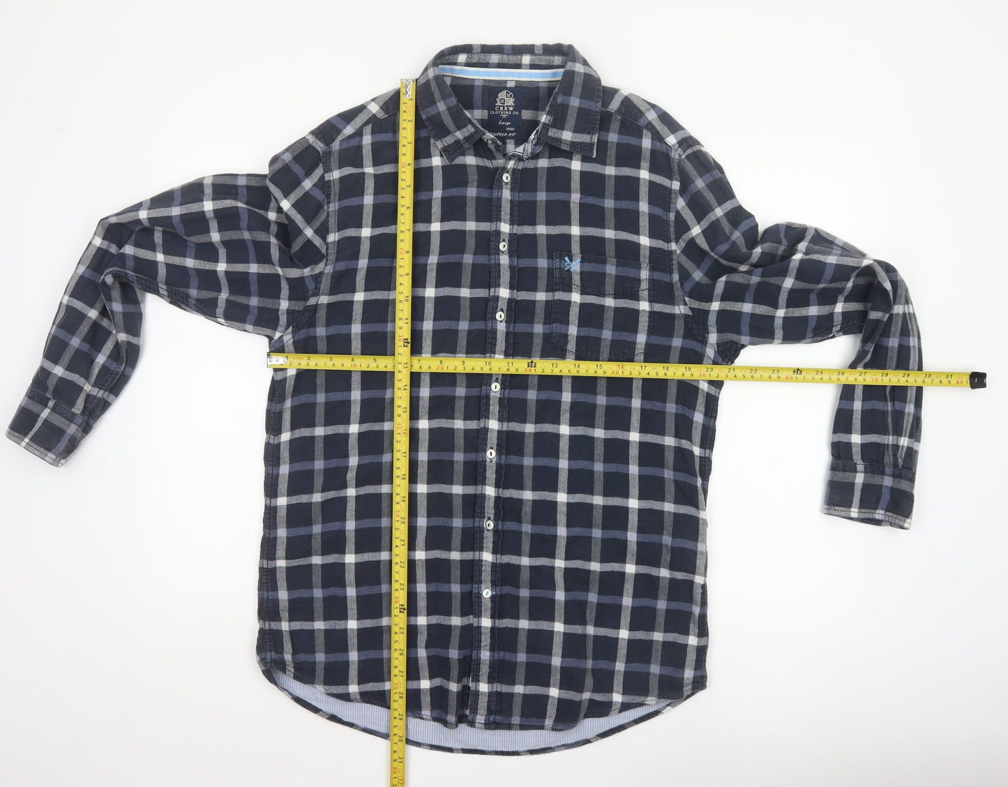 Crew Clothing Co Men’s Blue Plaid Cotton Button-Down Shirt Large Slim Fit