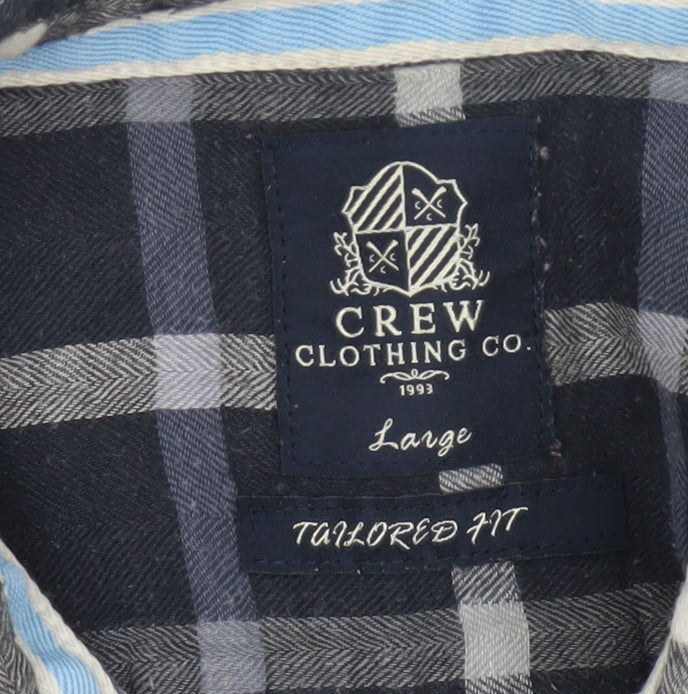 Crew Clothing Co Men’s Blue Plaid Cotton Button-Down Shirt Large Slim Fit