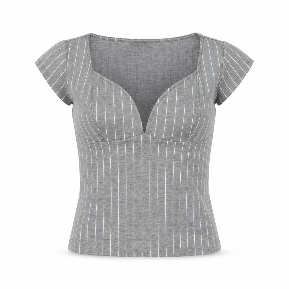 Front view of Silence + Noise Women Grey Striped Wrap Jersey Blouse, size S