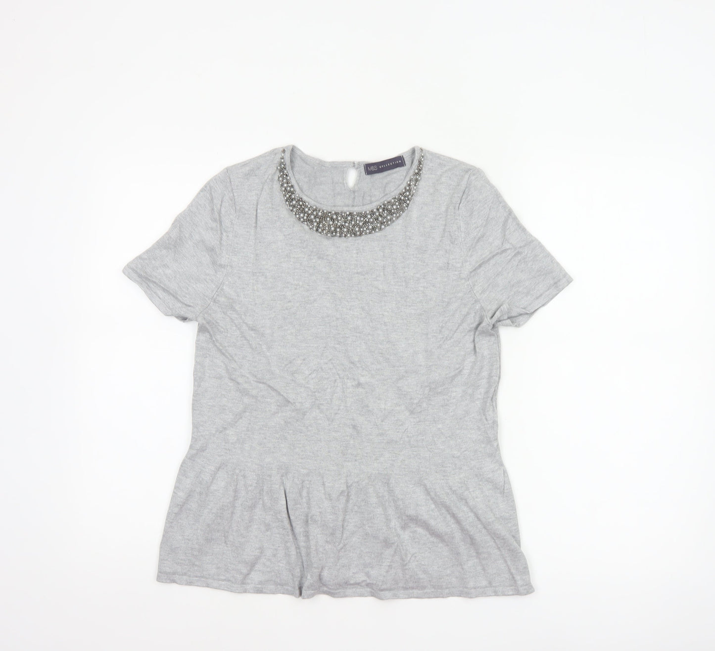 Marks and Spencer Women Grey UK 14 Beaded Knit Short Sleeve Peplum Top