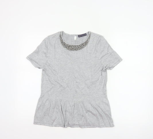 Marks and Spencer Women Grey UK 14 Beaded Knit Short Sleeve Peplum Top